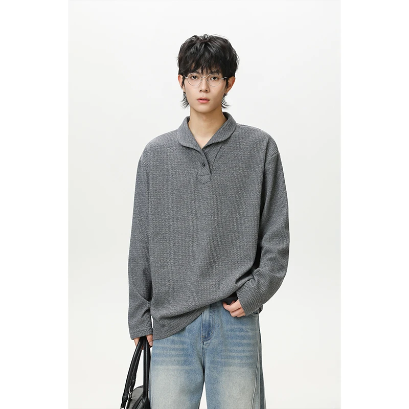 老钱风针织长袖T恤秋季马格意式一片领猫眼宝石扣正肩Polo打底衫