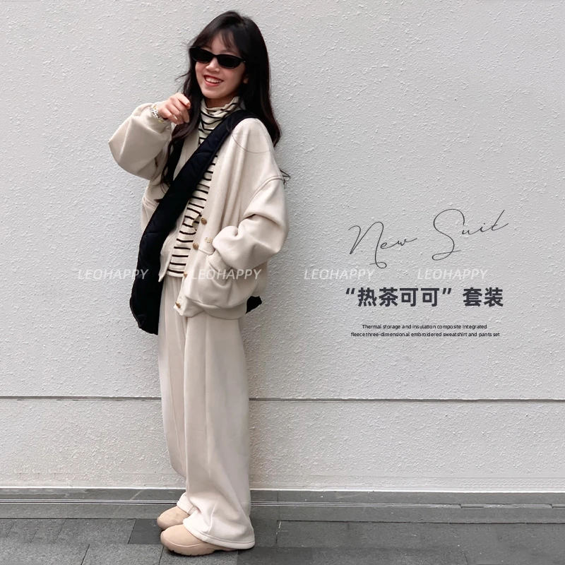 【热茶可可】蓄热保暖复合一体奥粒绒立体绣花开衫卫衣卫裤套装
