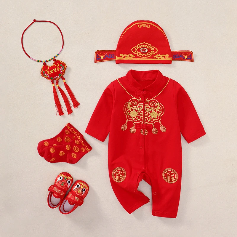 中国风周岁l礼服婴儿短袖套装哈衣夏宝宝唐装薄款满月百天抓周服