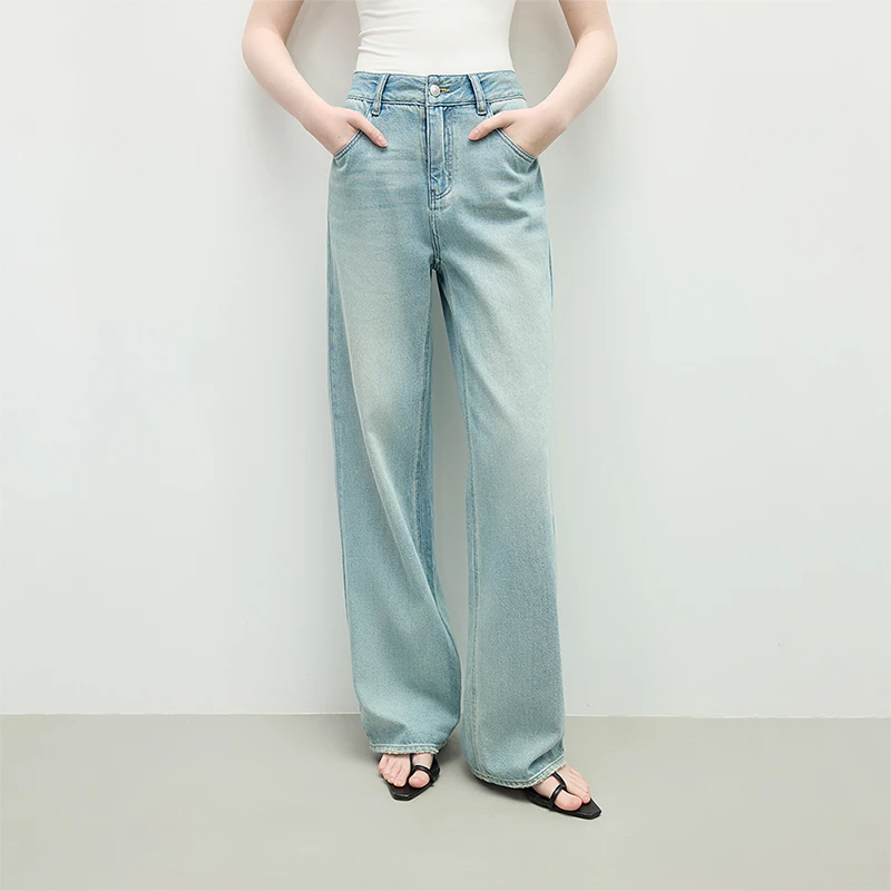 范思蓝恩水洗做旧高腰直筒牛仔裤夏新款修身显瘦裤子25FS12292