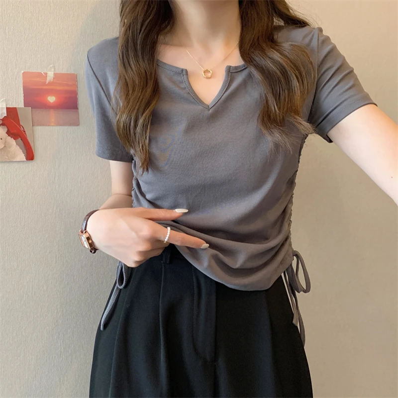 翰代维抽绳设计感正肩V领短袖t恤女夏季修身显瘦纯色辣妹百搭上衣