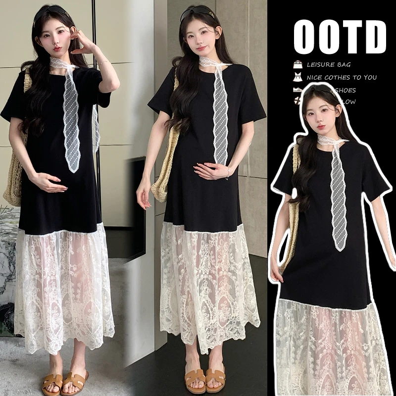 【嗒嗒】2025新款夏季孕妇连衣裙拼接蕾丝气质黑色大码中长款女