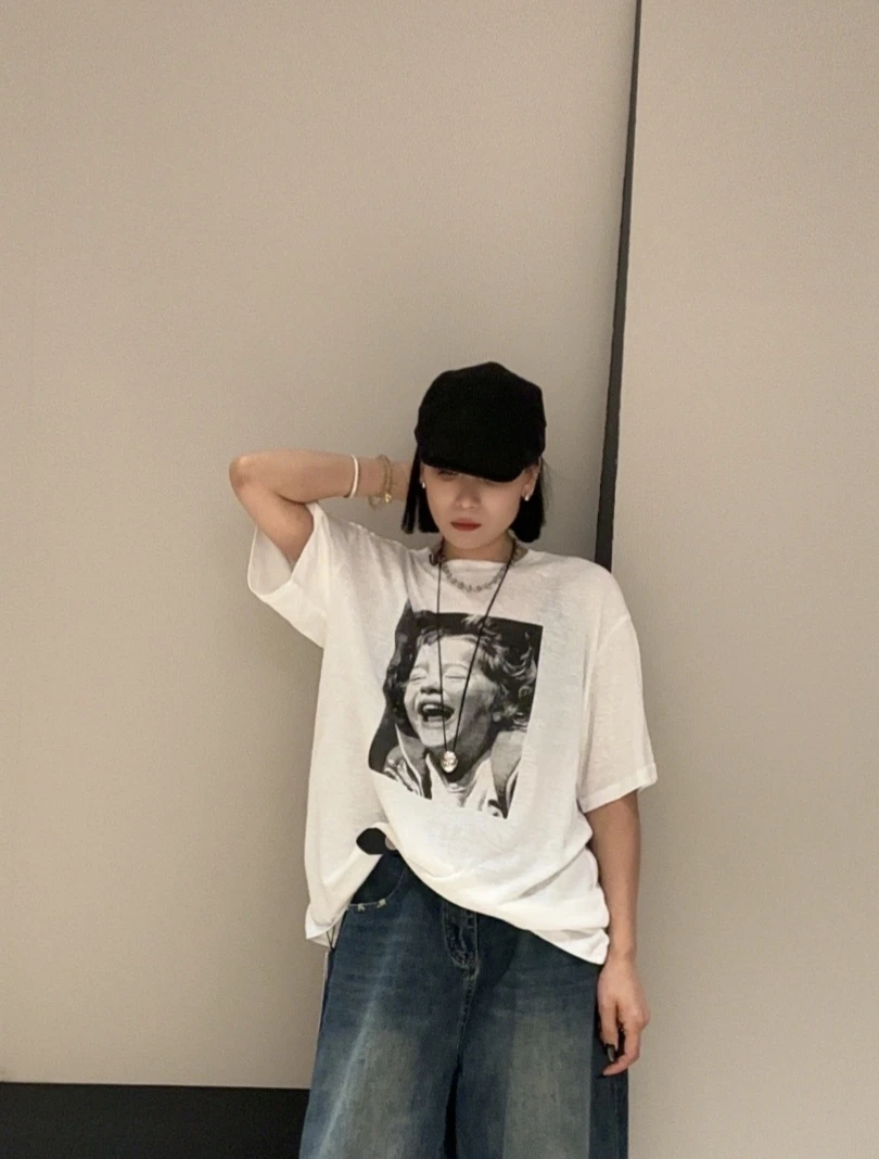 卡通短袖宽松黑白色印花通勤风T恤夏季圆领休闲韩版半袖ins35095