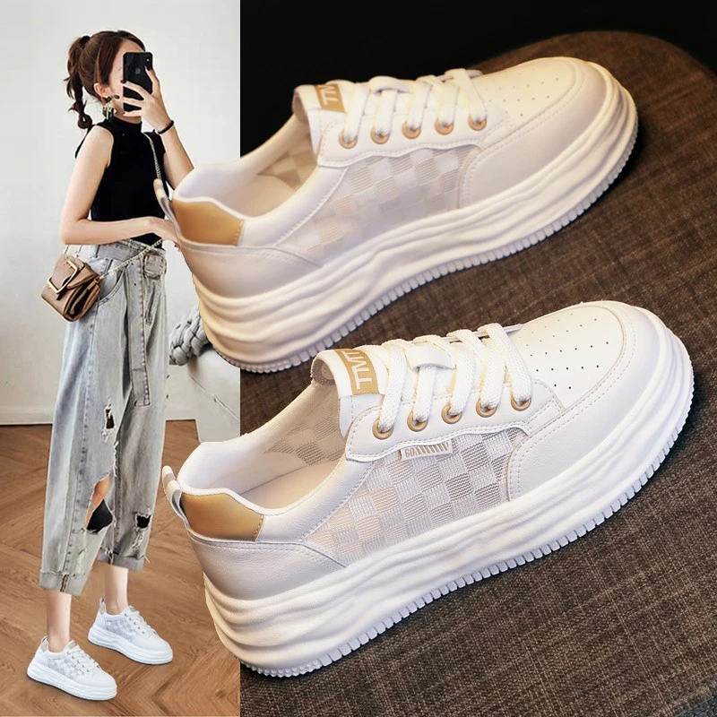 真皮小白鞋女2025春夏新款厚底内增高运动鞋休闲板鞋百搭透气网鞋