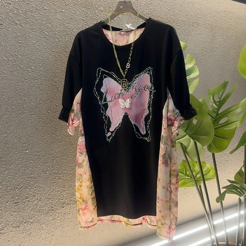 25127新款女士短袖T恤法式复古印花设计圆领时尚洋气减龄显瘦