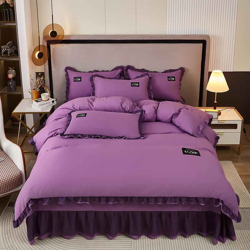 纯色简约花边款被套四件套非全棉纯棉床单被罩四季款家用床品套件