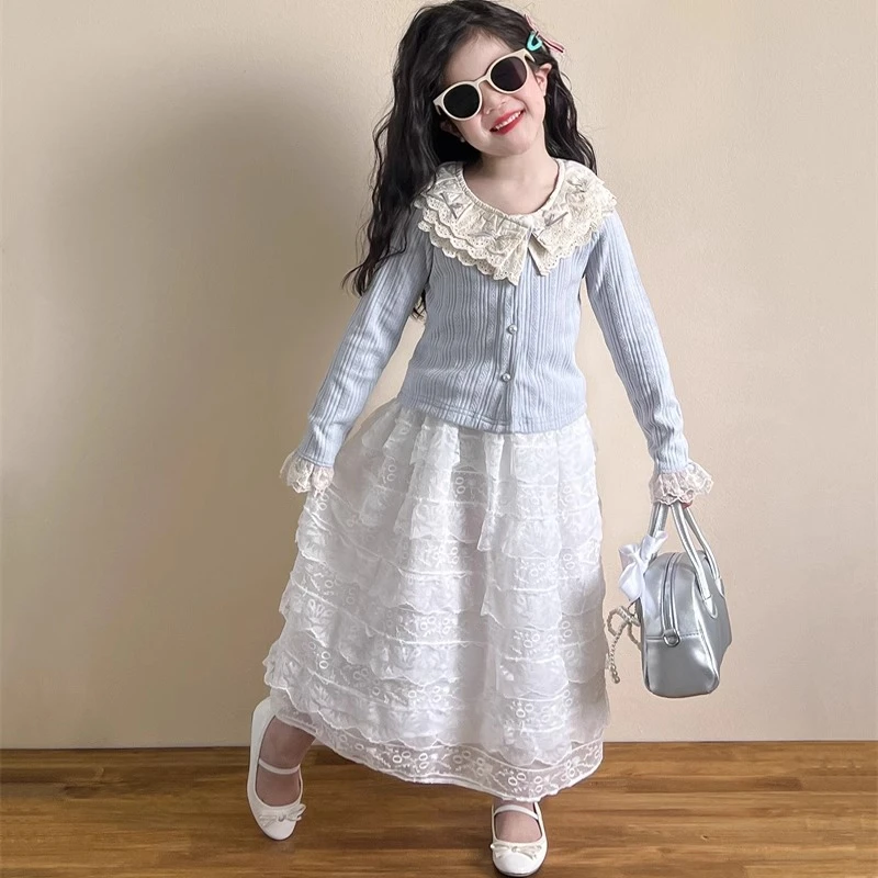 女童春装新款韩版儿童花边领开衫短外套公主女宝宝长款蕾丝半身裙