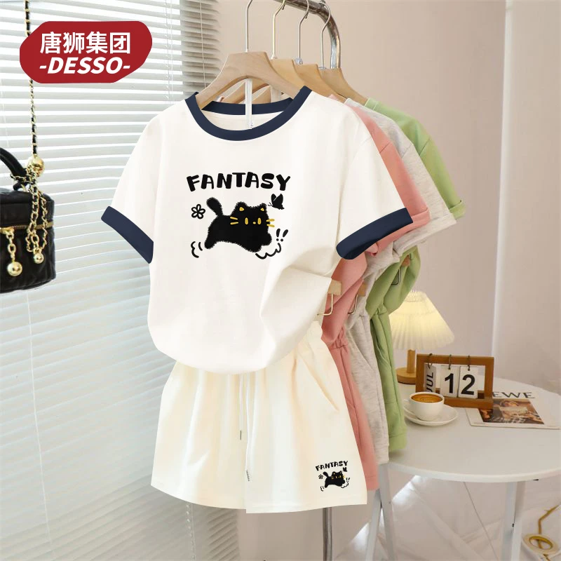 唐狮集团Desso休闲运动套装女爆款2025撞色纯棉短袖宽松透气短裤