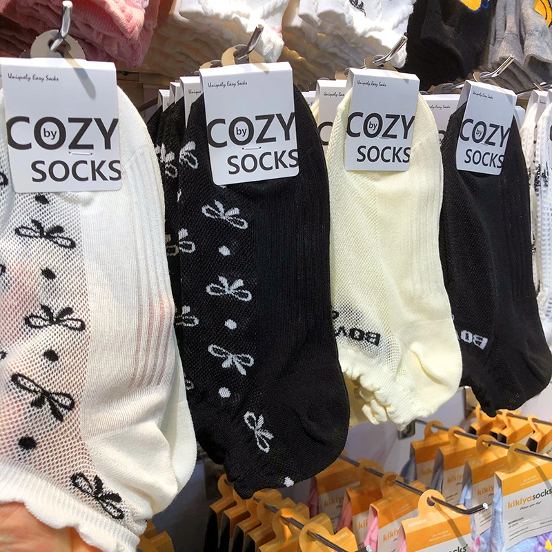 韩国COZY进口法式蝴蝶结少女袜短筒木耳花边网眼透气薄棉袜夏新款