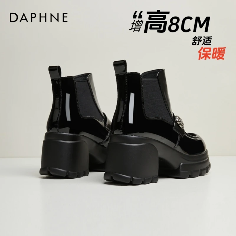 达芙妮黑色山茶花马丁靴女靴秋冬加绒切尔西靴英伦风厚底弹力短靴