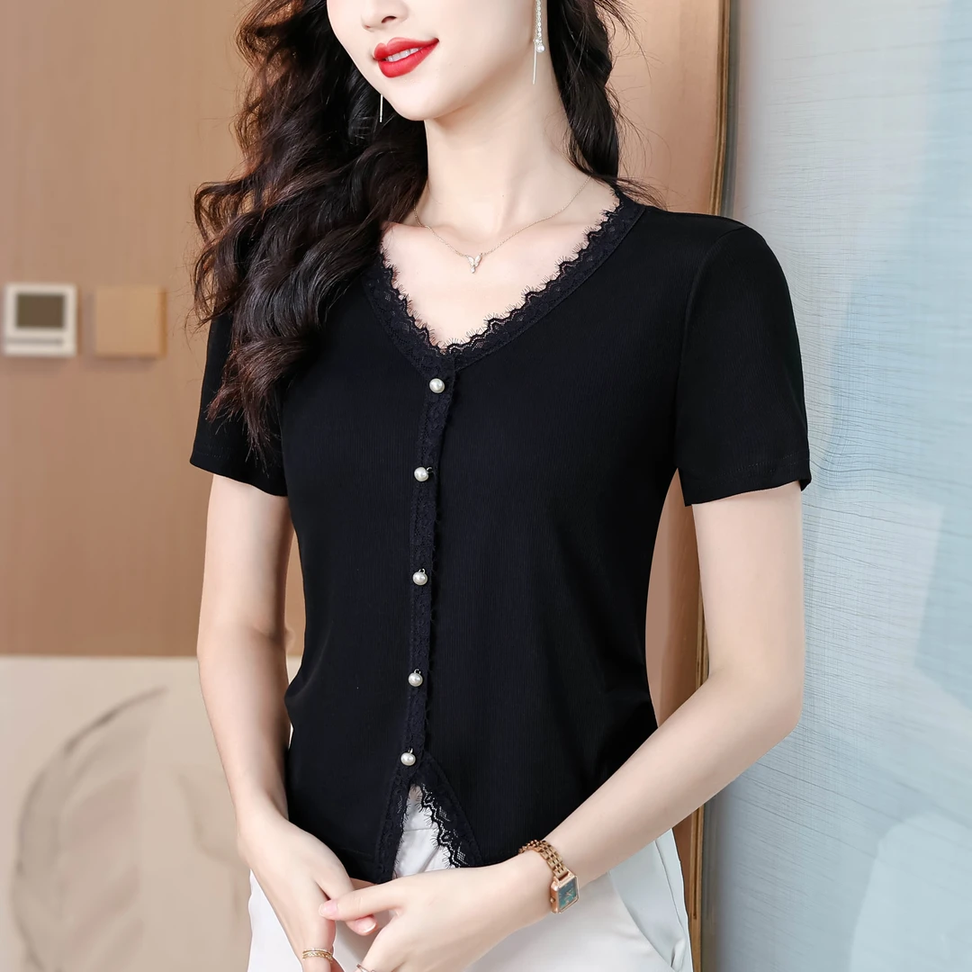 法式蕾丝拼接V领短袖T恤女夏装新款时尚气质黑色显瘦修身短款上衣