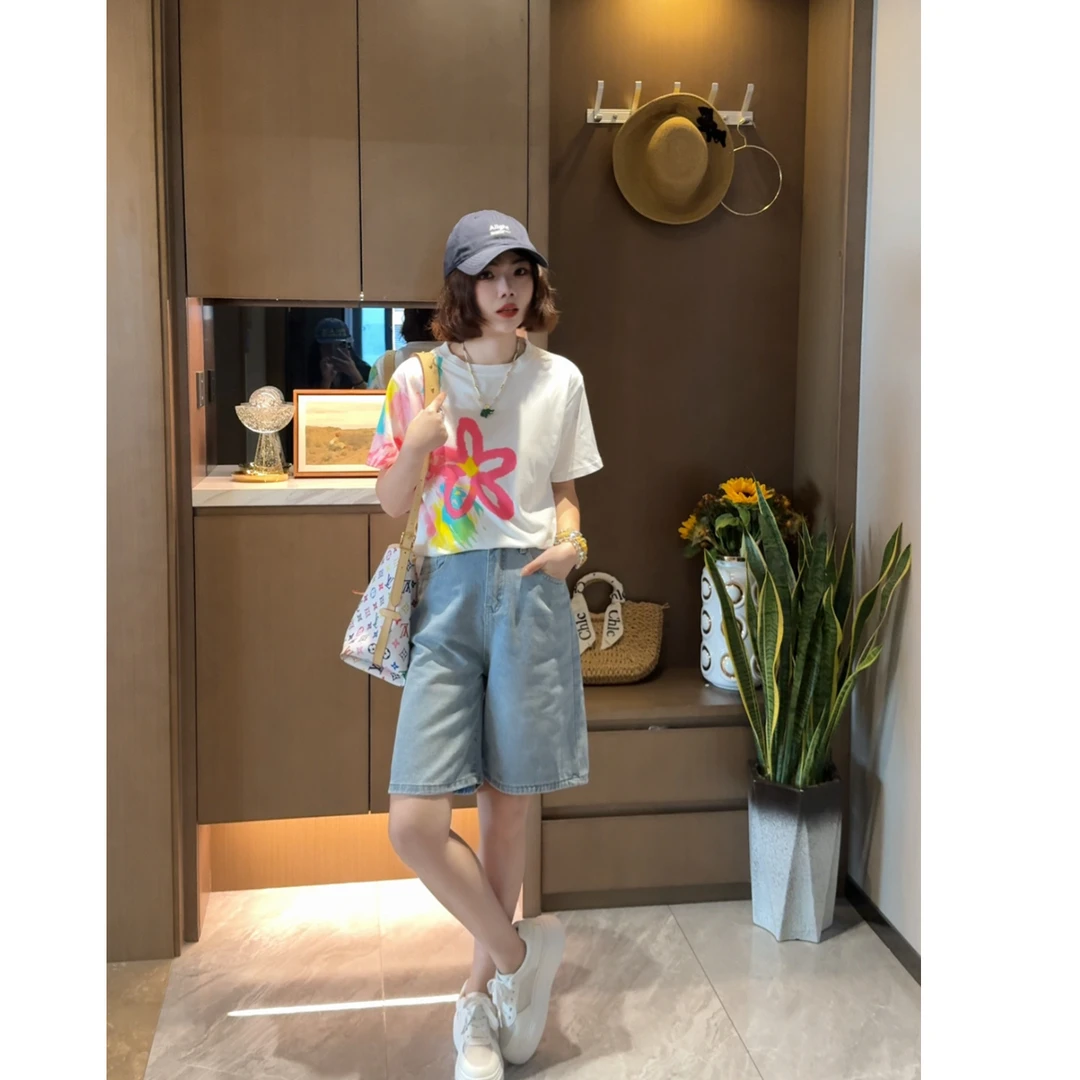 小香风短袖t恤女2025新款夏季渐变涂鸦花朵减龄美式设计感正肩潮