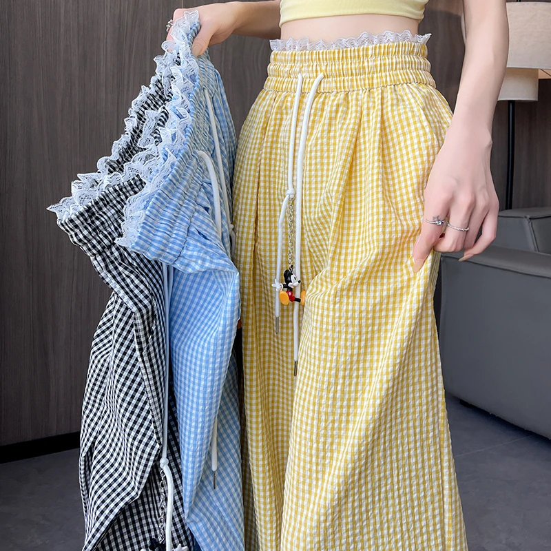 韩系蕾丝格子裤女阔腿裤夏季新款奶黄色松紧腰宽松百搭休闲长裤