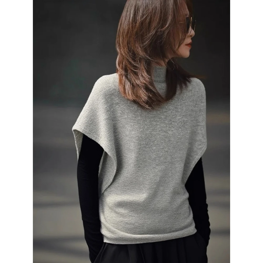 韩系慵懒风简约高领马甲女2025秋季坎肩宽松毛衣无袖针织上衣套装