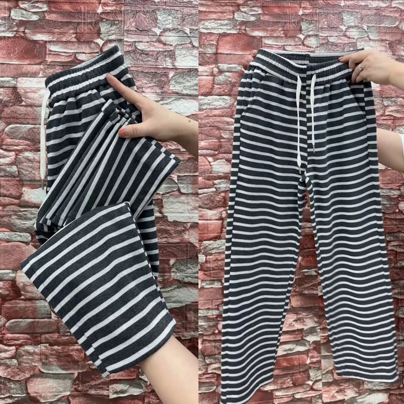 春季新款阔腿条纹直筒裤女休闲高腰宽松遮肉休闲运动裤针织长裤子