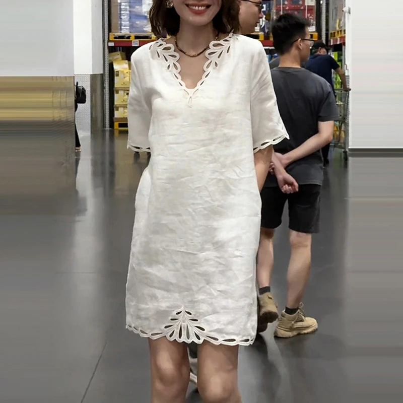 老钱风休闲亚麻白色短袖连衣裙女2025夏季新款时尚独特漂亮小衫