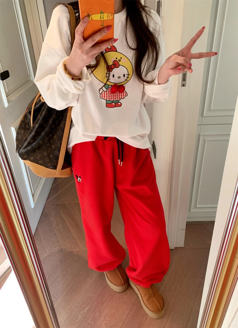 JENNIFER JXLIU 很韩的可爱小鸡kt卡通印花蝴蝶结磨毛棉厚宽松T恤