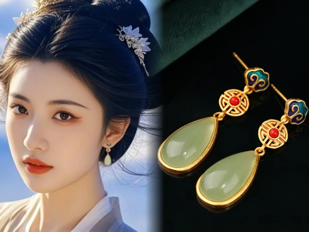 925银珐琅耳饰 中国风汉服珐琅滴釉耳钉祥云福禄寿水滴耳坠古典