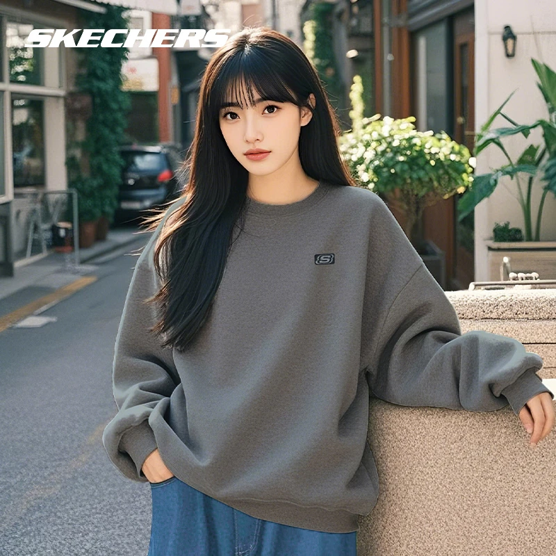 斯凯奇运动长袖t恤内搭女款春季显瘦高级感宽松圆领套头美式卫衣