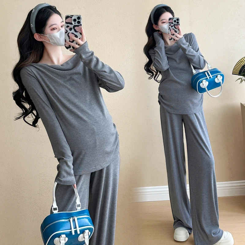 孕妇套装春秋2025新款灰色时尚洋气时髦慵懒风潮妈上衣裤子两件套