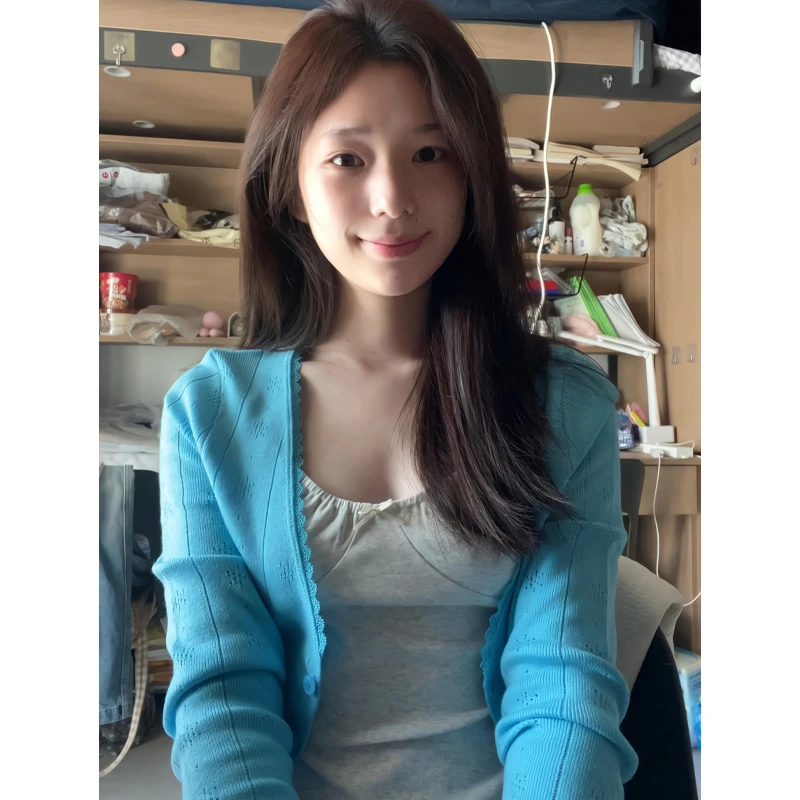 蓝色v领针织开衫花边拼接长袖内搭窄版阔腿裤垂感直筒运动香蕉裤