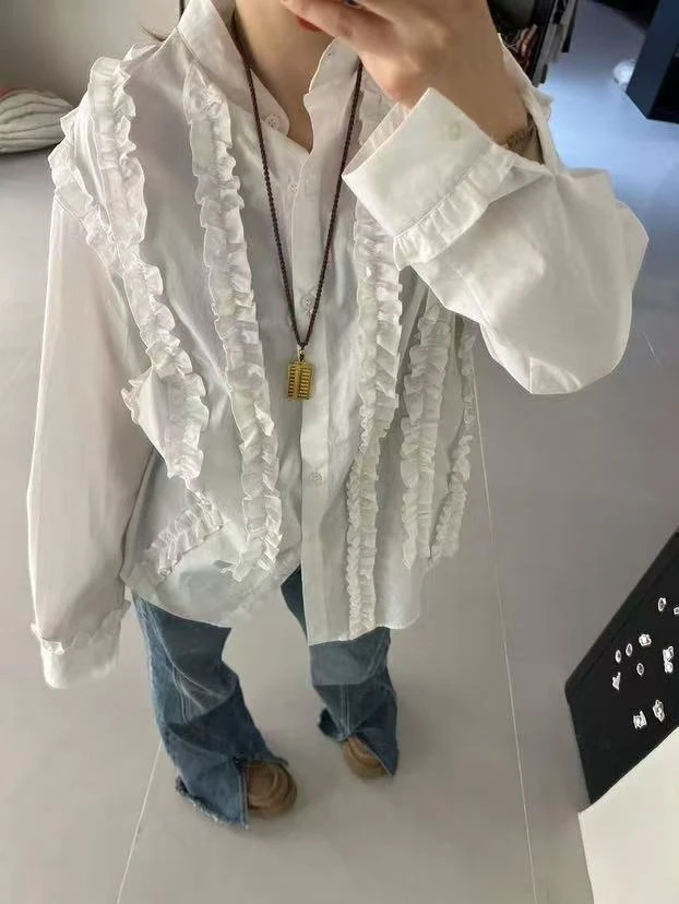chalan 新款纯棉木耳边衬衫H25C0299