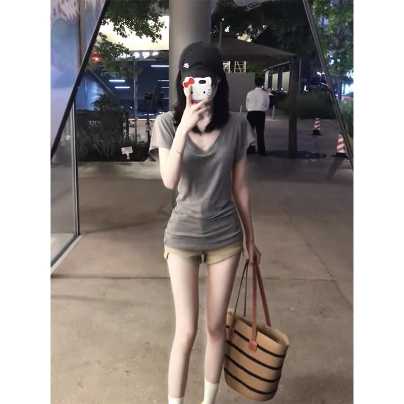 美式街头isn风正肩洋气短袖t恤女夏季修身显瘦短款V领基础款上衣