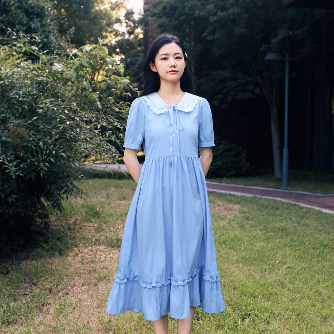 夏季裙子日式A字裙纯色法式小清新格子收腰女连衣裙气质显瘦