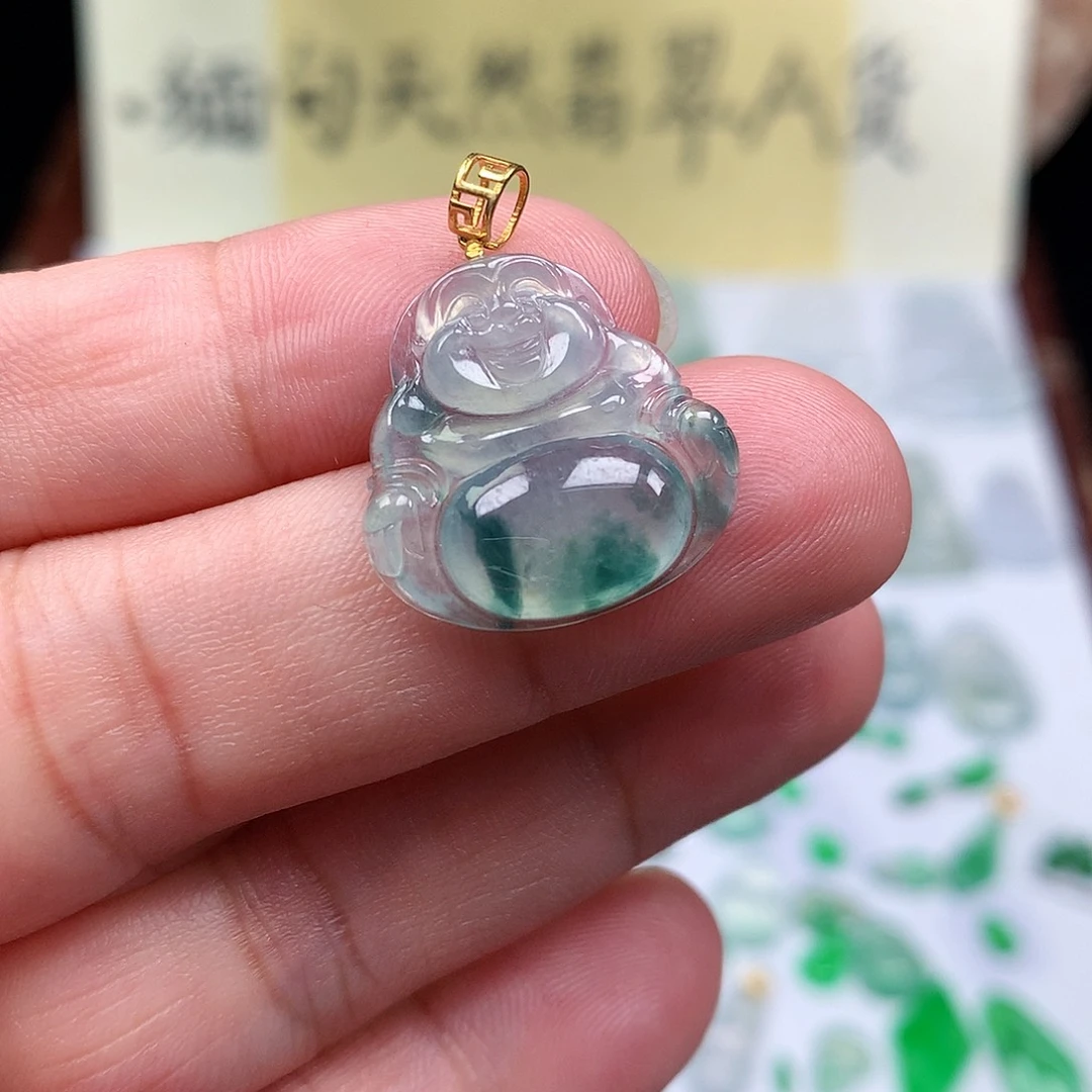 翡翠裸石18K金镶嵌缅甸天然A货翡翠冰种佛公
