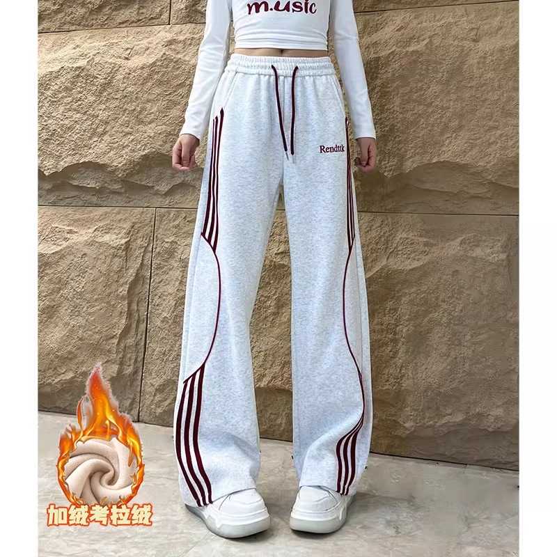 新款考拉绒加绒加厚阔腿裤女撞色条纹时尚字母保暖休闲裤2025冬季