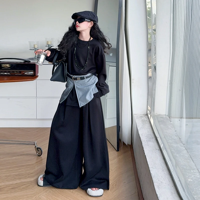 【酷哒仔】女童高品质假两件卫衣阔腿裤套装2025秋季中大童山本风潮