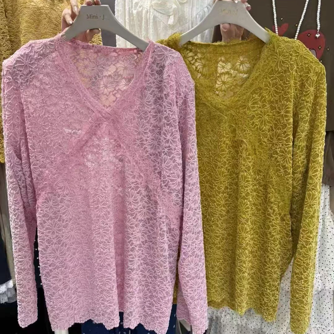 早秋新款韩版V领蕾丝中长款洋气时尚女士上衣