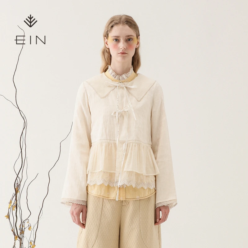 EIN言文艺复古亚麻娃娃领开衫提花休闲气质长袖上衣春季新款