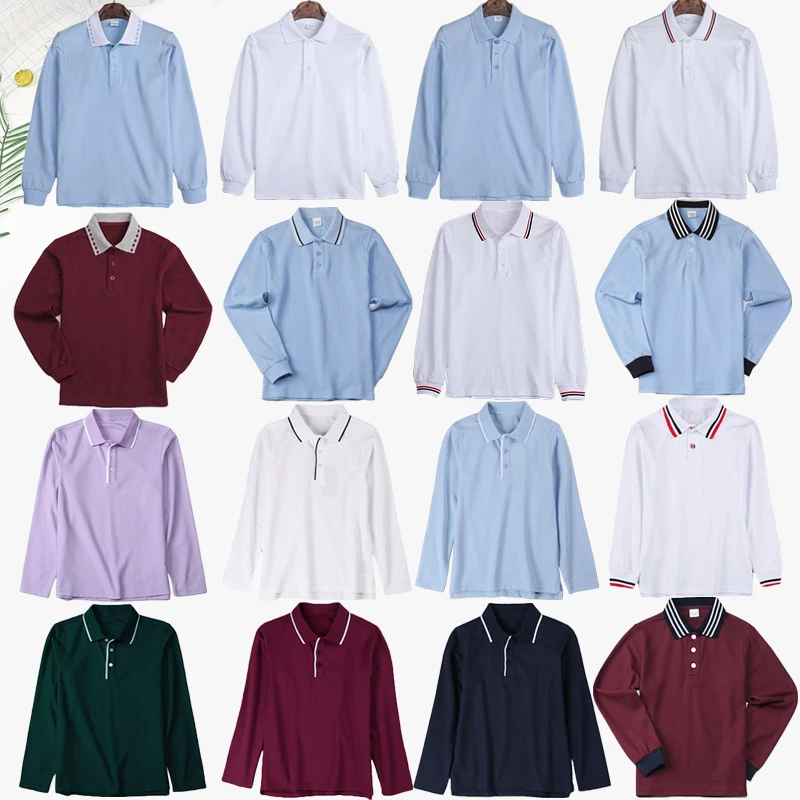 儿童POLO衫长袖白色浅蓝藏青墨绿色小学生校服男女童枣红T恤短袖