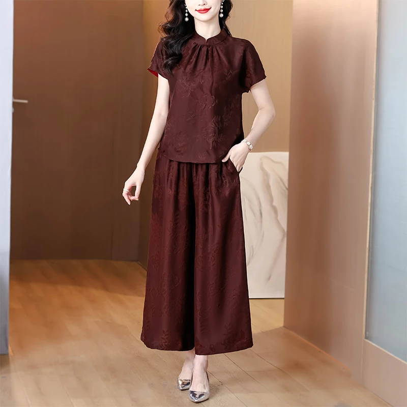 2025新款高端香云纱真丝桑蚕丝上衣女士套装杭州中式国风妈妈褶皱