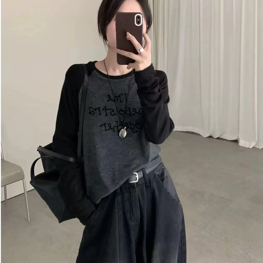 爆款设计感2025早秋新款撞色插肩长袖小版短款字母印花套头T恤女t