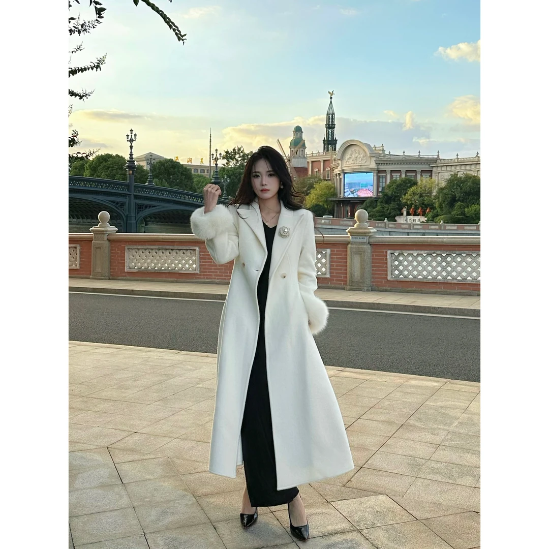 【七七脸好圆】法式秋冬时尚毛呢外套长款收腰款狐狸毛袖羊毛大衣