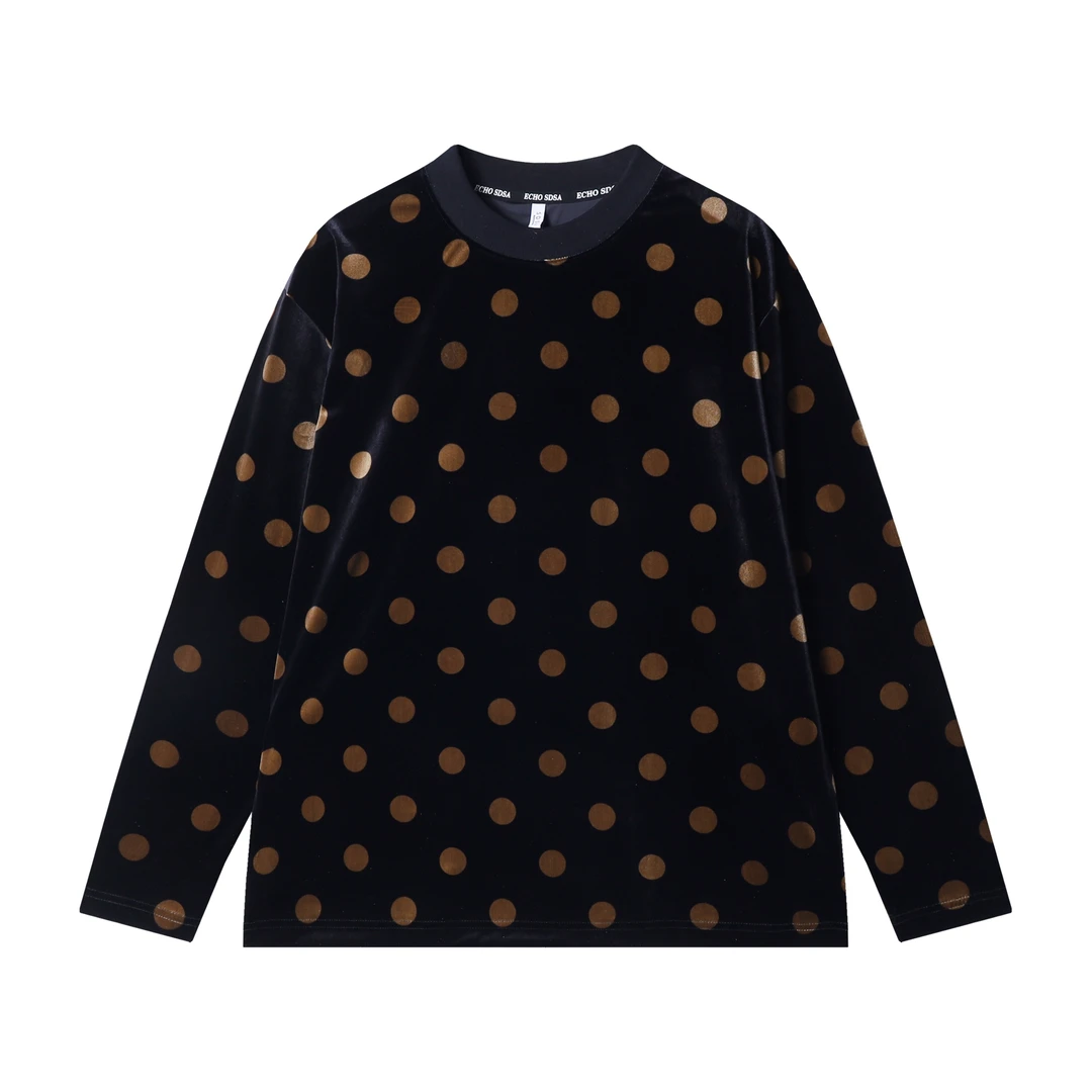 秋冬季新款时尚个性绒面撞色圆点圆领长袖T恤百搭休闲套头上衣