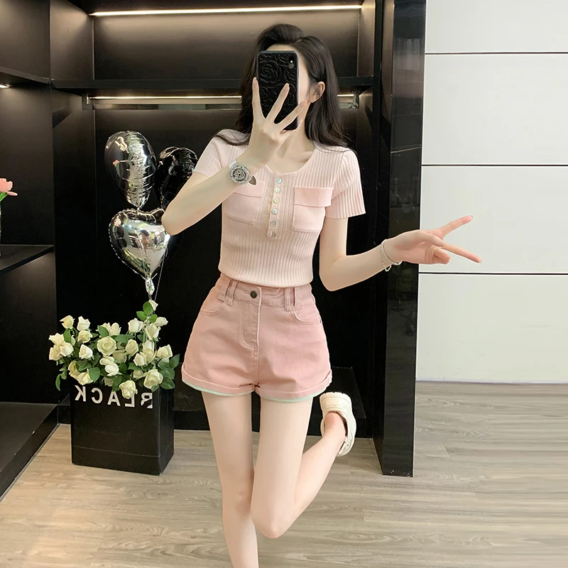 INS风辣妹风休闲风时尚套装韩版小个子短裤短袖显瘦气质洋气高腰