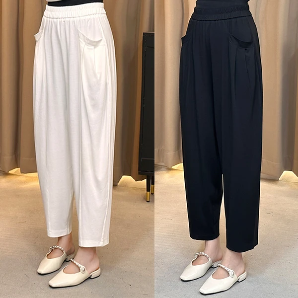 夏季新款时尚洋气压褶口袋哈伦裤舒适百搭宽松遮肉显瘦潮流休闲裤
