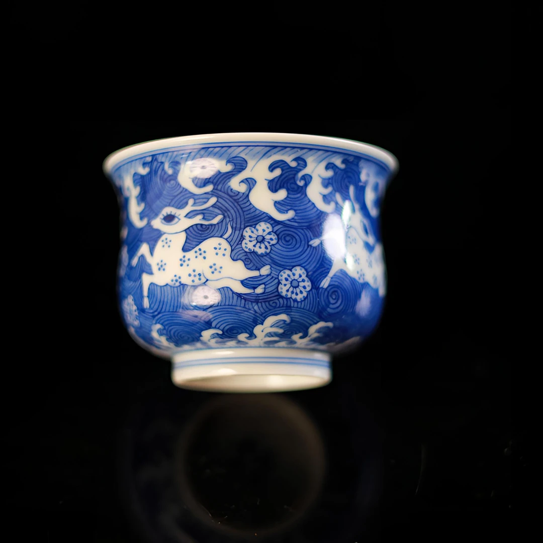 手绘青花海水鹿纹二才盖碗中式品茗单杯陶瓷泡茶器景德镇功夫茶具