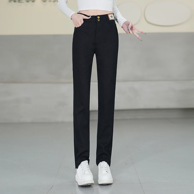 黑色直筒烟管裤女2025年春夏新款高腰显高显瘦弹力修身法棍裤子