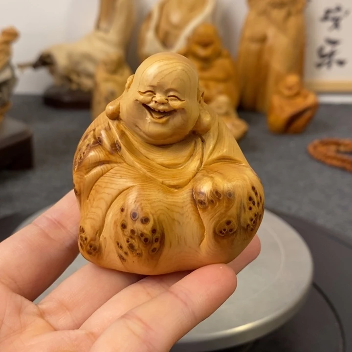 柏木太行崖柏留疤弥勒佛手把件小摆件