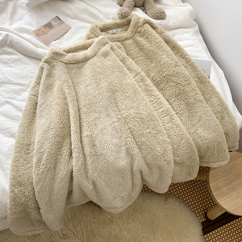 2025秋冬季情侣睡衣女加厚保暖简约圆领纯色法兰绒长袖长裤家居服