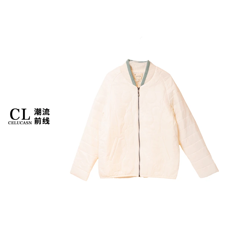 E5VBH108#秋冬自然感素小棉衣宽松显瘦撞色时尚薄款棉衣外套女