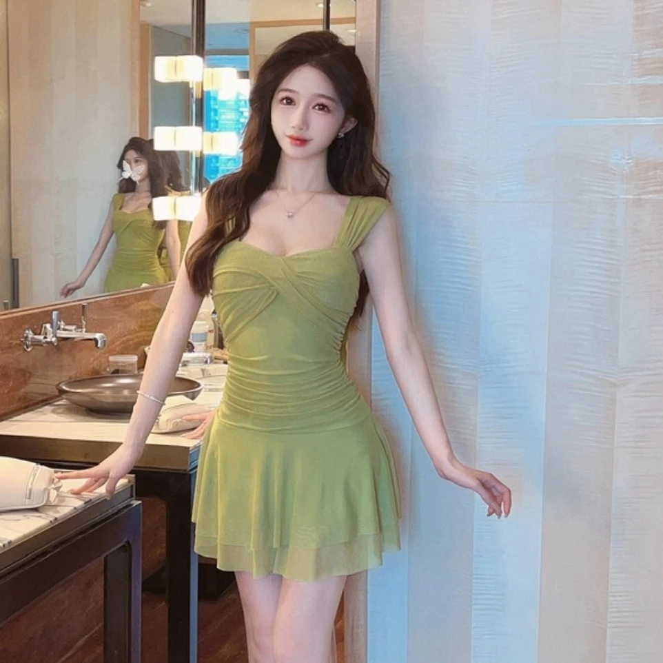 夏季纯欲小黑裙网纱糖果色显瘦短裙收腰修身无袖荷叶边连衣裙女装