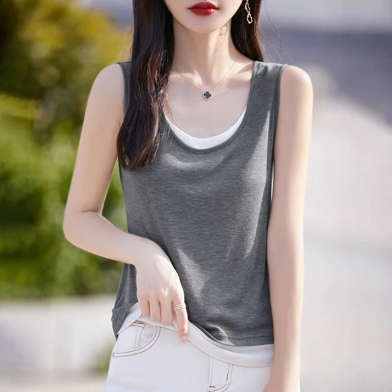 假两件撞色吊带背心女夏季内搭配衬衫遮副乳宽松外穿无袖打底上衣