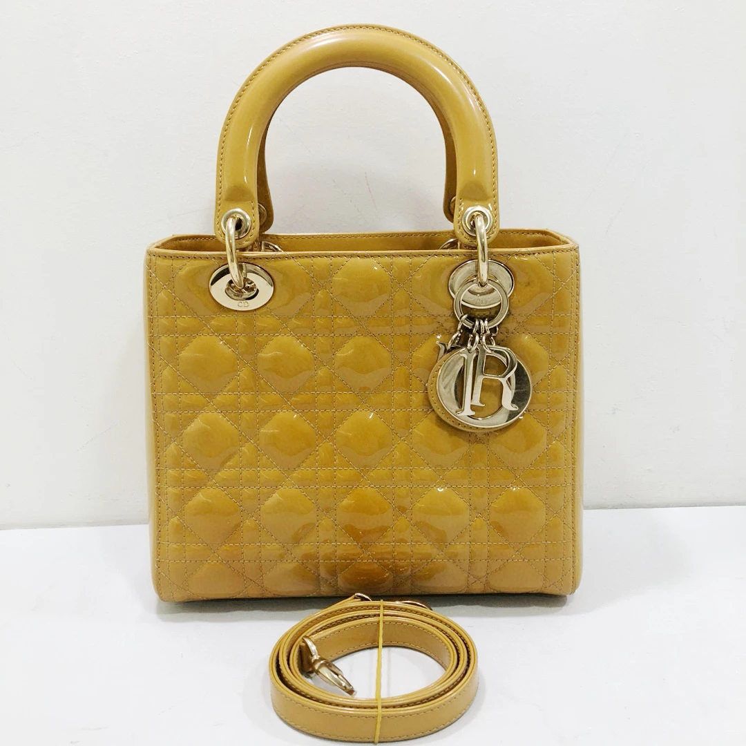 95新 DIOR/迪奥 迪奥漆皮黄色五格戴妃手提单肩斜挎包
