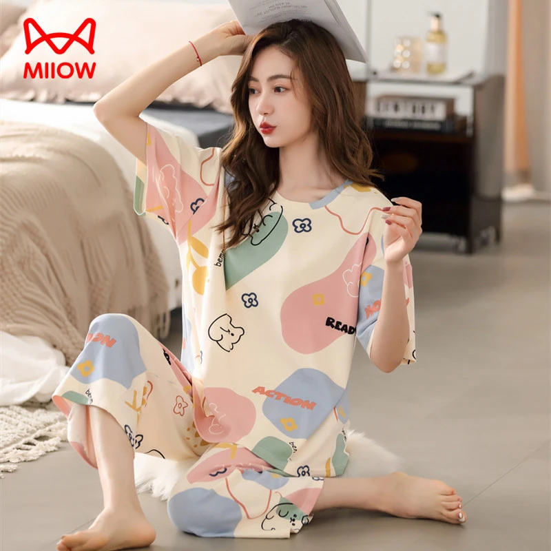 MIIOW/猫人睡衣女士夏季纯棉短袖七分裤网红风薄款夏天家居服套装