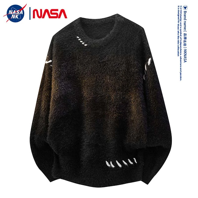NASA联名水貂绒圆领针织毛衣男士秋冬季美式休闲慵懒风拼接打底衫